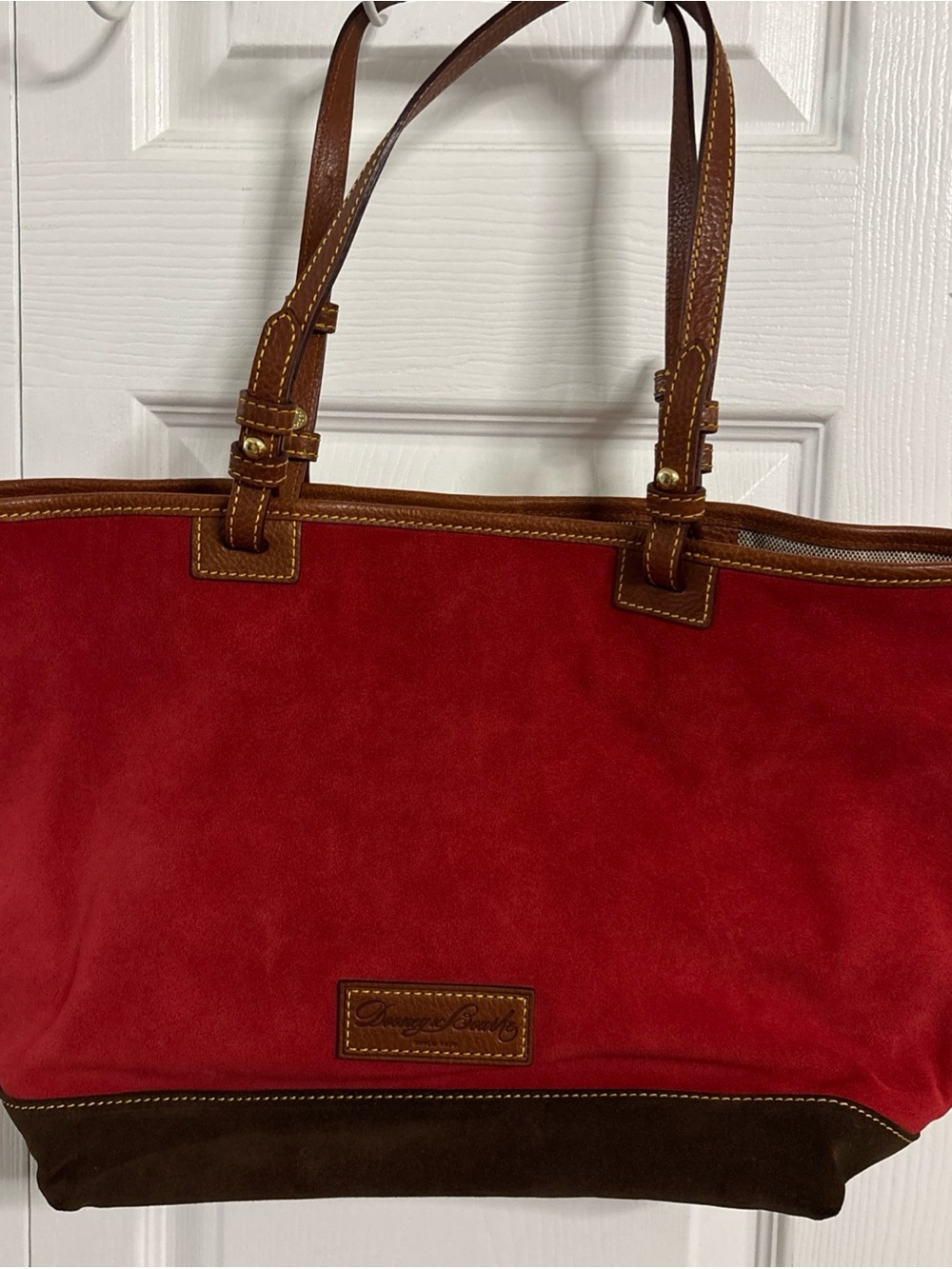 DOONEY AND BOURKE Red And Chocolate Brown Suede Tote Handbag Magnetic Closure